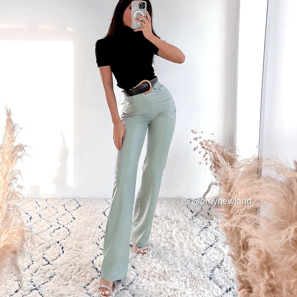 Zara See Green Faux Leather Straight Leg Pants